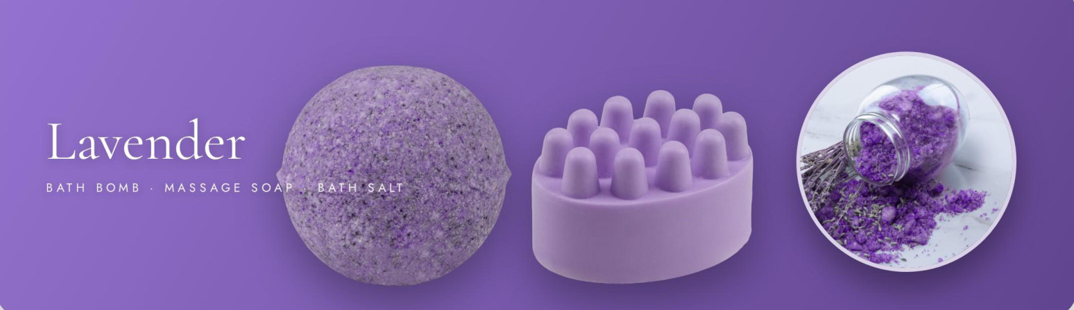Lavender konsept ailesi: bath bomb, masaj sabunu ve banyo tuzu